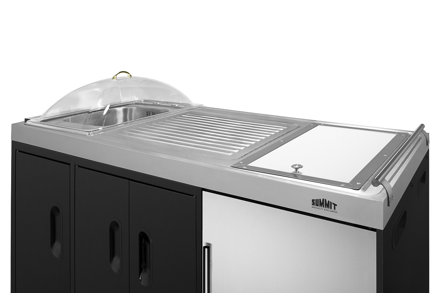 Mobile outdoor serving station with refrigerator, sink, storage cabinet, and slide-out waste bins